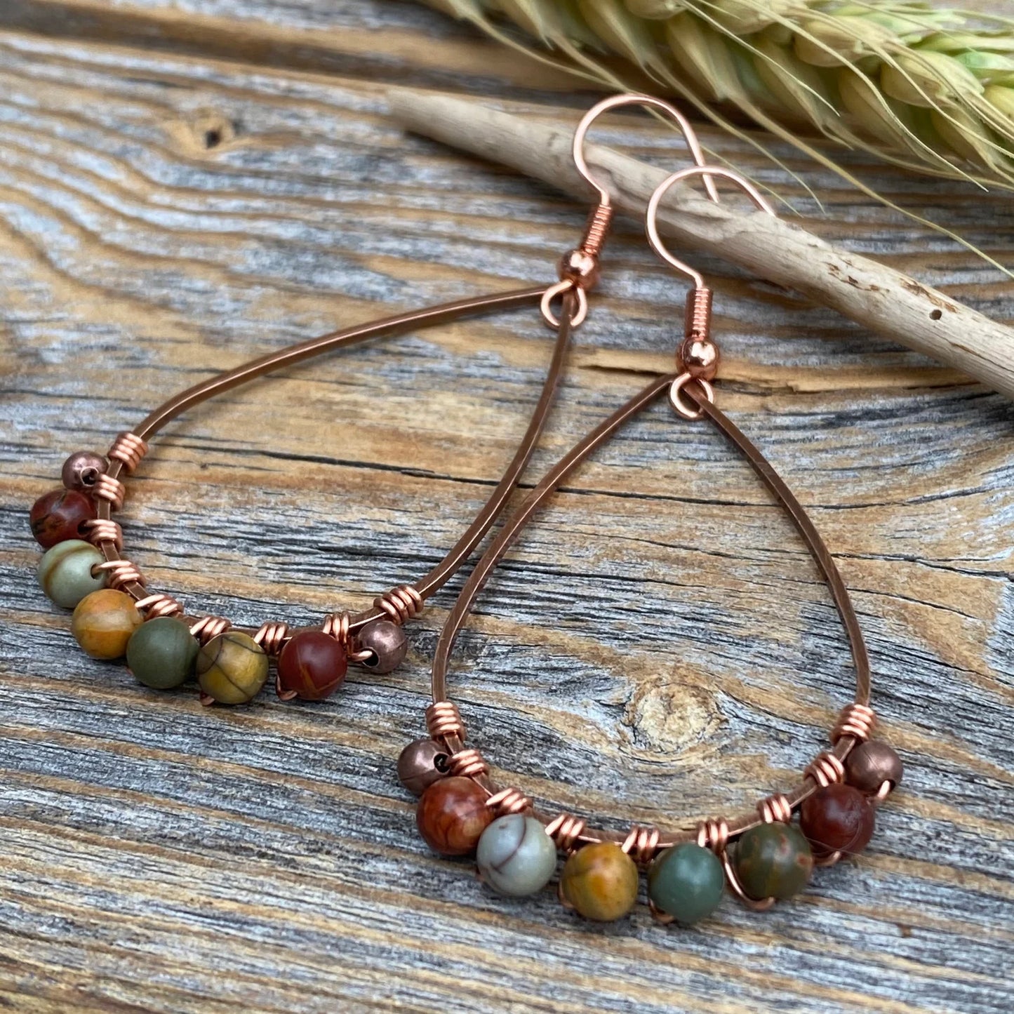 Red Creek Jasper Earrings, Boho Earrings, Copper Teardrop Earrings, Fall Jewelry, Gifts for Her, Dangle Earrings, Handmade Jewelry