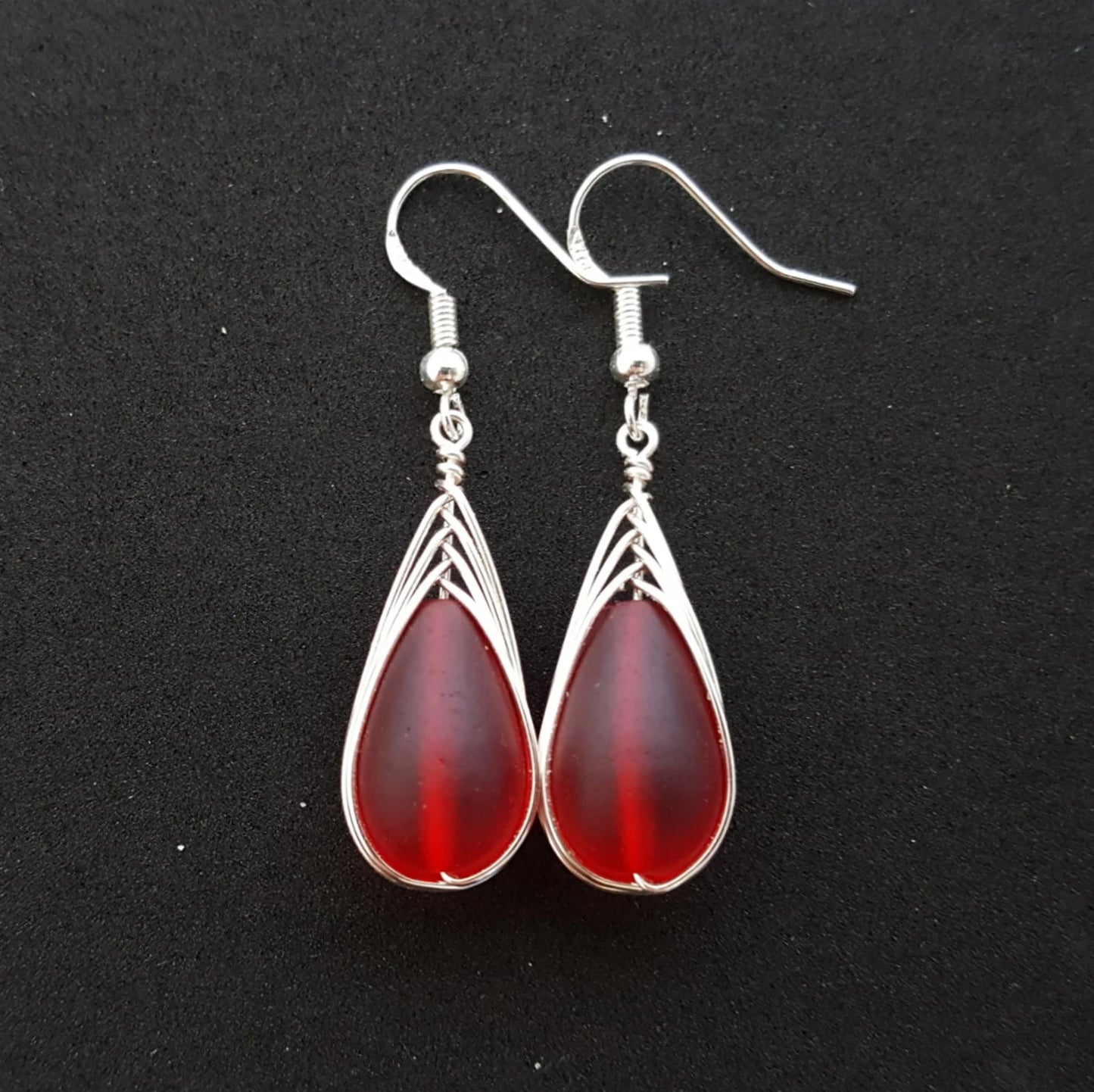 Handmade in Hawaii, Wire braided red sea glass earrings, , "July birthstone", Sea glass jewelry