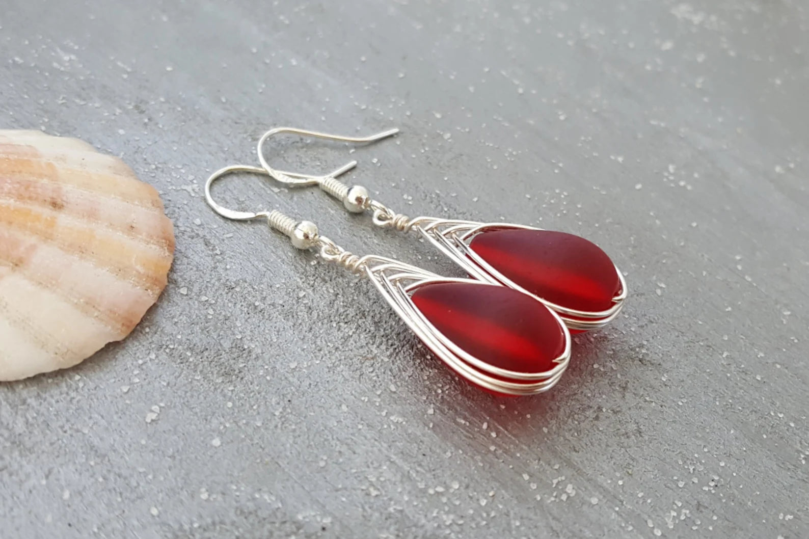 Fine Silver Floral Ovals and Red Beach Glass Earrings - Beach Bum Jewels