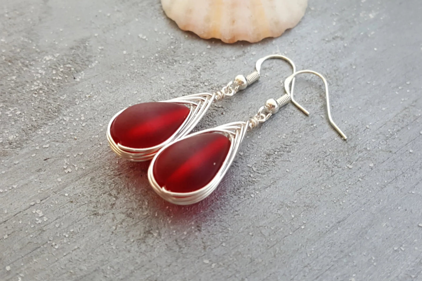 Handmade in Hawaii, Wire braided red sea glass earrings, , "July birthstone", Sea glass jewelry