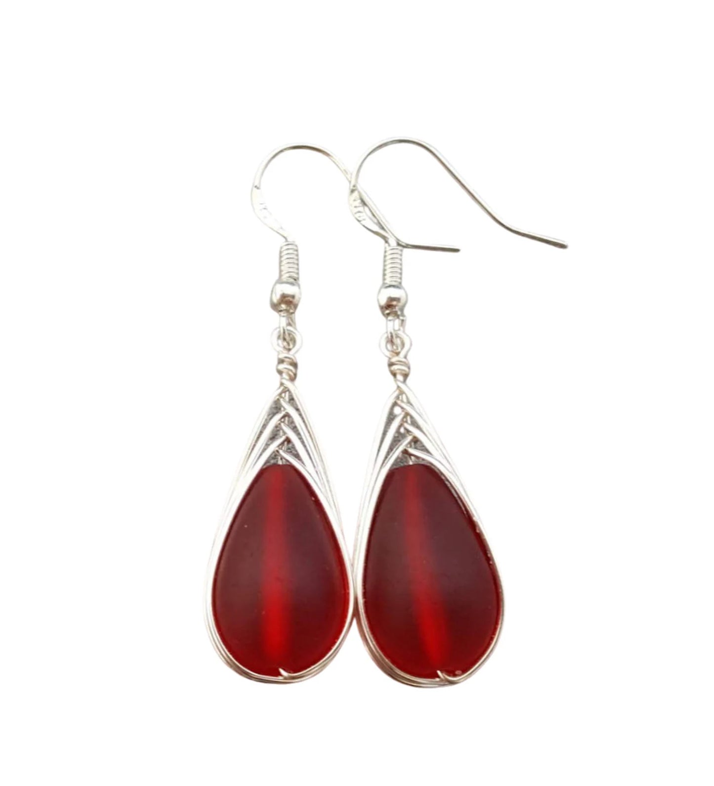 Handmade in Hawaii, Wire braided red sea glass earrings, , "July birthstone", Sea glass jewelry